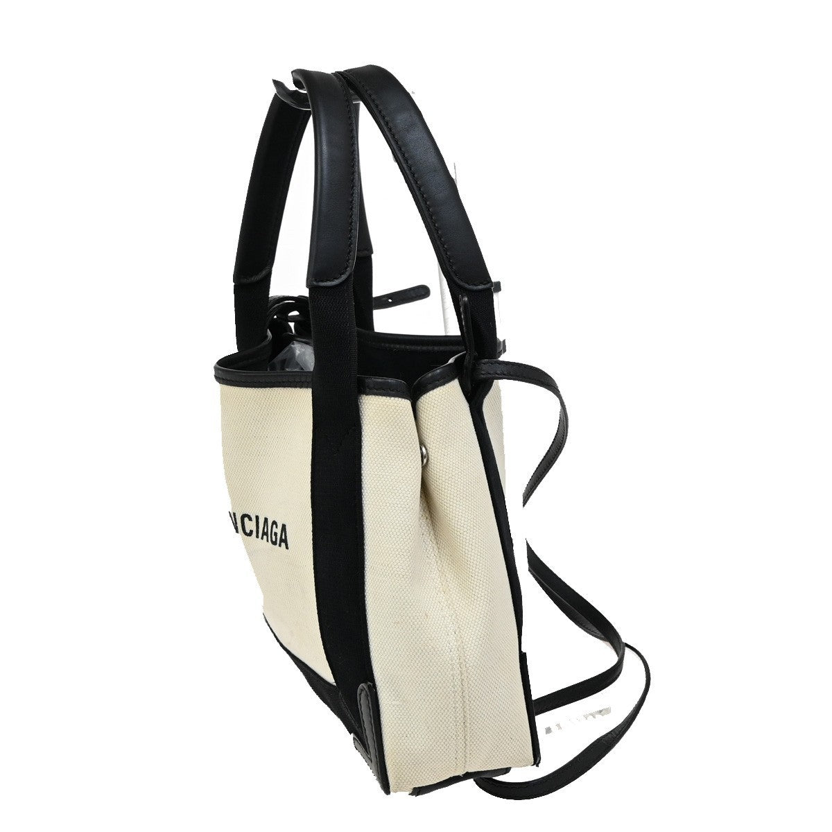 BALENCIAGA Navy Cabas XS 2Way Shoulder Hand Bag Canvas Leather White 39FC026