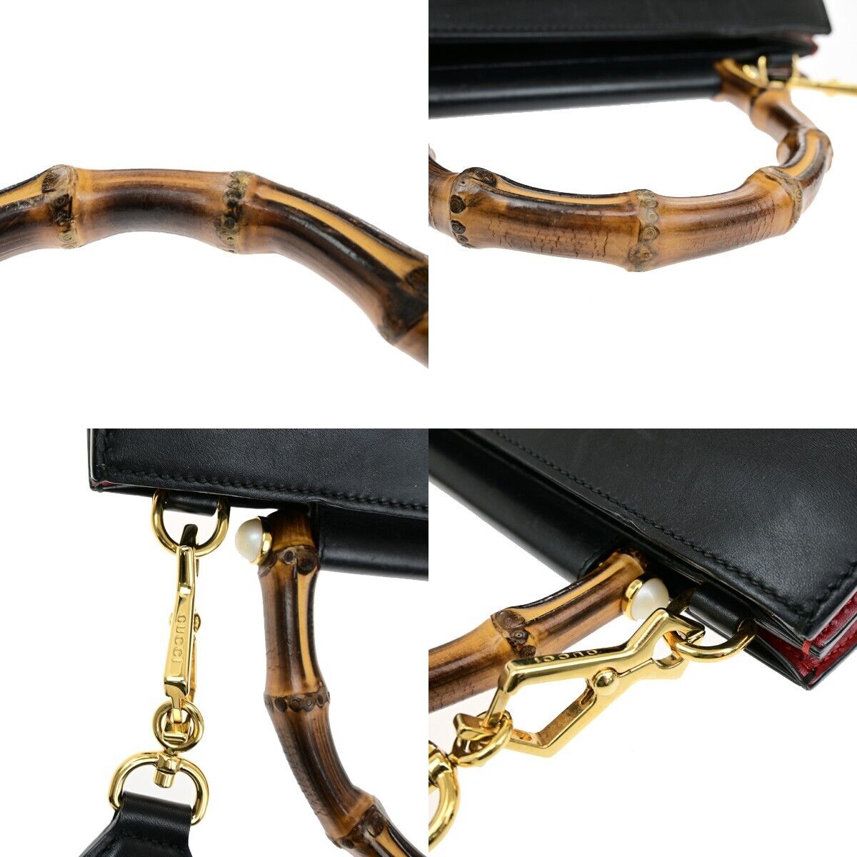 GUCCI Logo Nymphaea 2Way Shoulder Hand Bag Bamboo Leather Black Red 73ED428