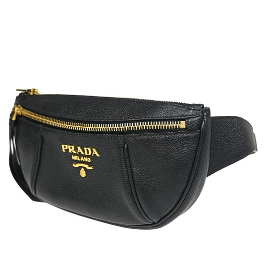 PRADA MILANO Logo Vitello Daino Bum bag Leather Black Gold 28RF137