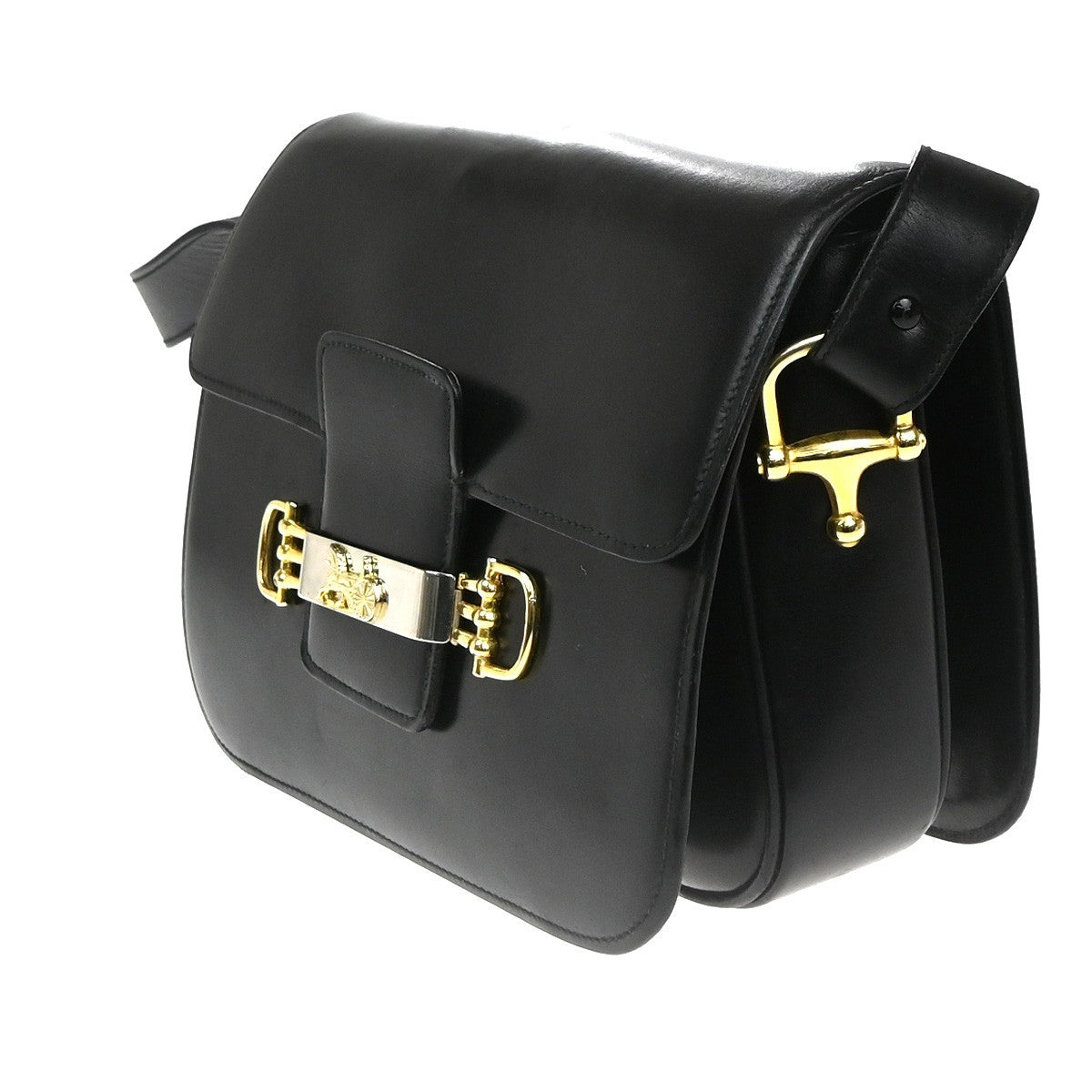 CELINE PARIS Logo Horse Carriage Shoulder Bag Leather Black Gold Italy 38CA739