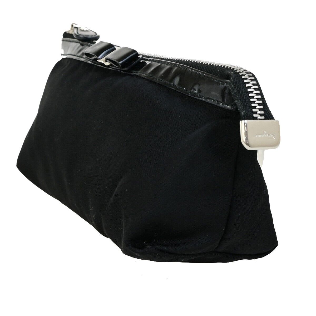 SALVATORE FERRAGAMO Vara Cosmetic Pouch Bag Nylon Leather Black 07KA515