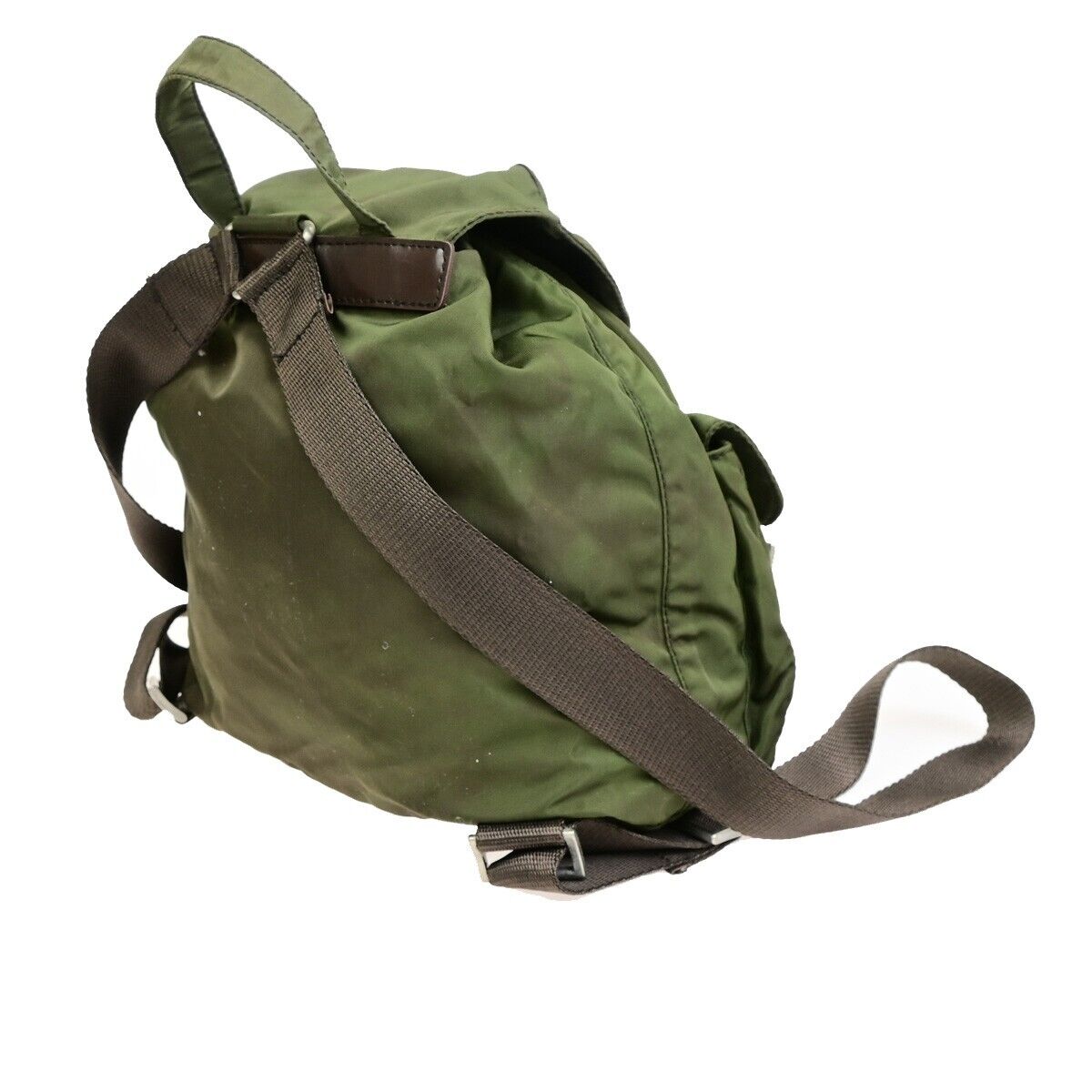 PRADA MILANO Logo Small Backpack Bag Nylon Leather Green Brown Italy 62FB353