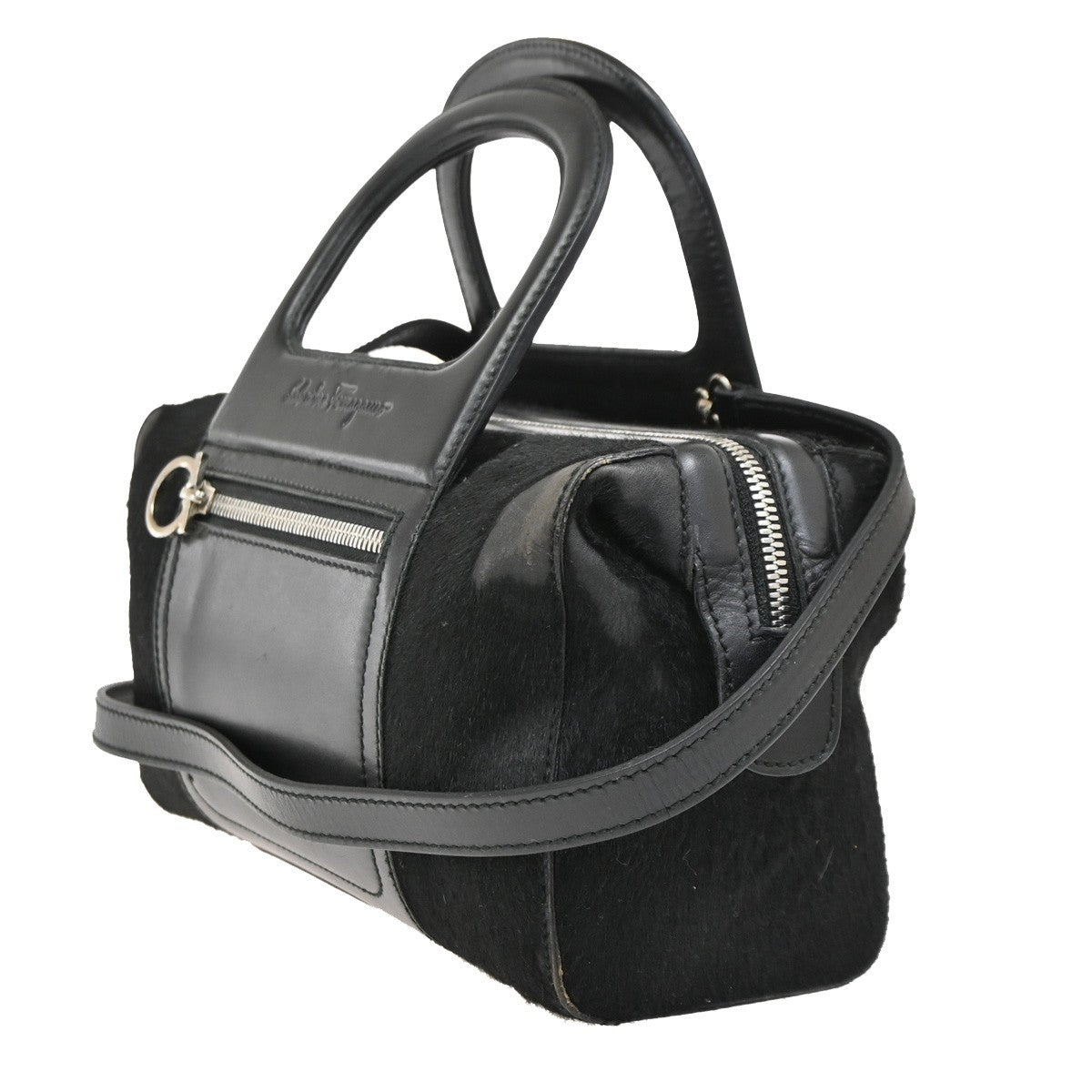 SALVATORE FERRAGAMO Gancini 2Way Shoulder Handbag Fur Leather Black 05DA245