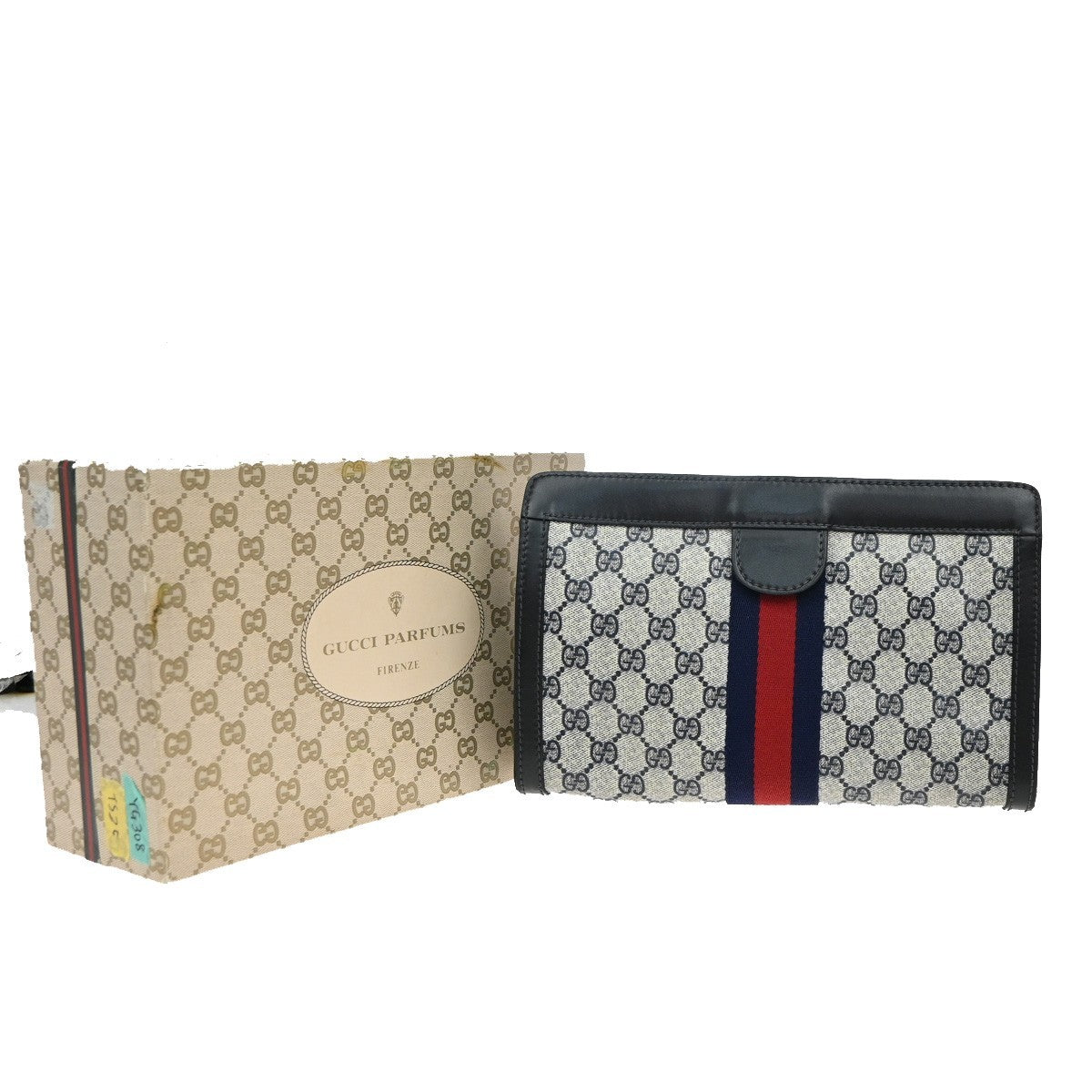 21.Live GUCCI Parfums Sherry Clutch Hand Bag PVC Leather Navy Blue Italy 60KP203