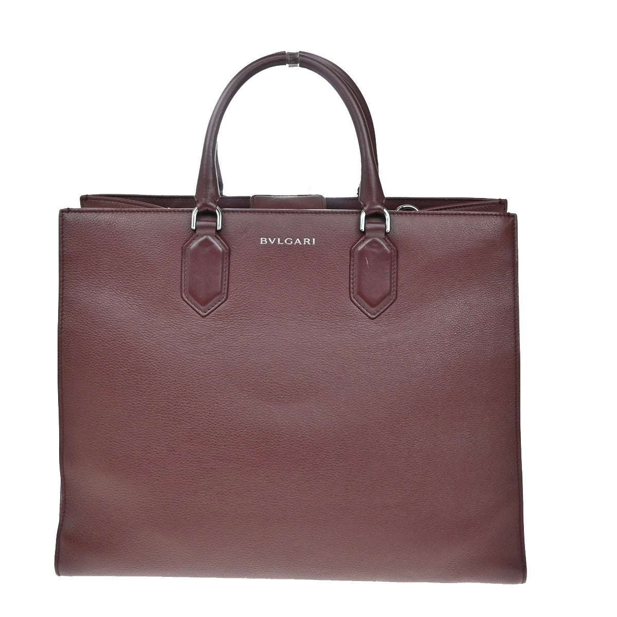 BVLGARI Logo Tote Hand Bag Leather Red Burgundy SHW Italy 98KB533