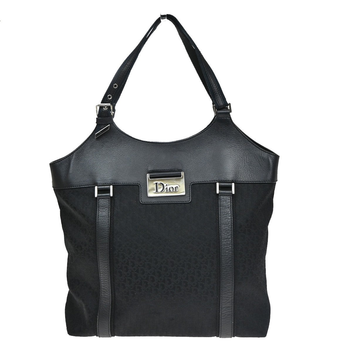 CHRISTIAN DIOR Logo Trotter Pattern Hand Bag Canvas Leather Black GHW 13CB061