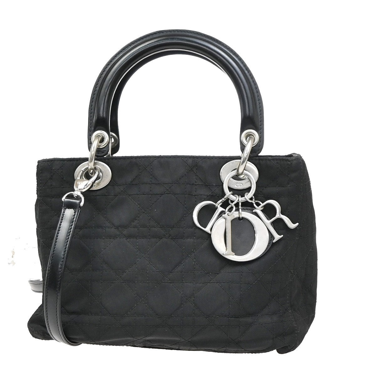 CHRISTIAN DIOR Logo Lady Cannage 2Way Hand Bag Nylon Leather Black SHW 98ZA262