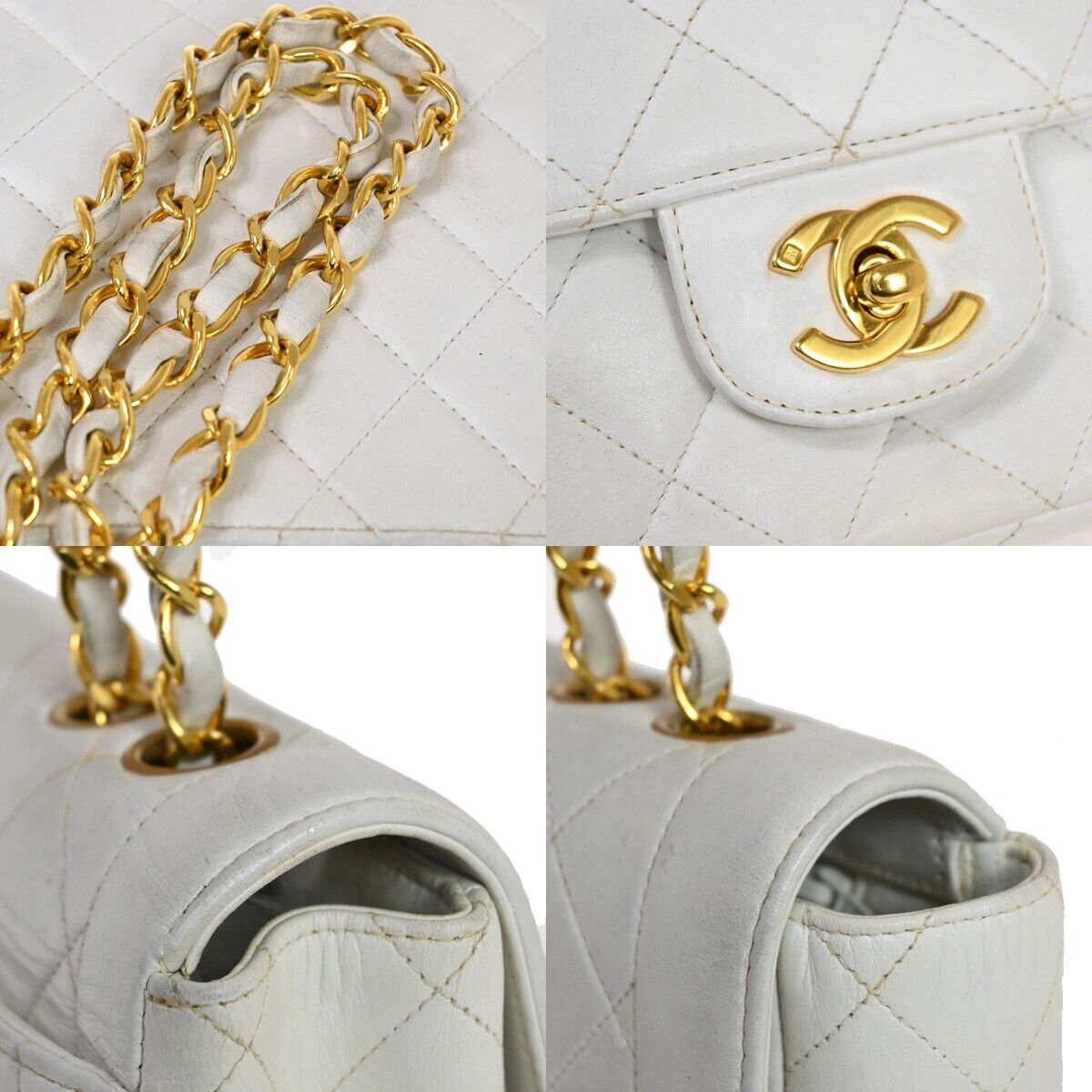 CHANEL CC Logo Matelasse Chain Shoulder Bag Leather White GHW Vintage 314RJ226