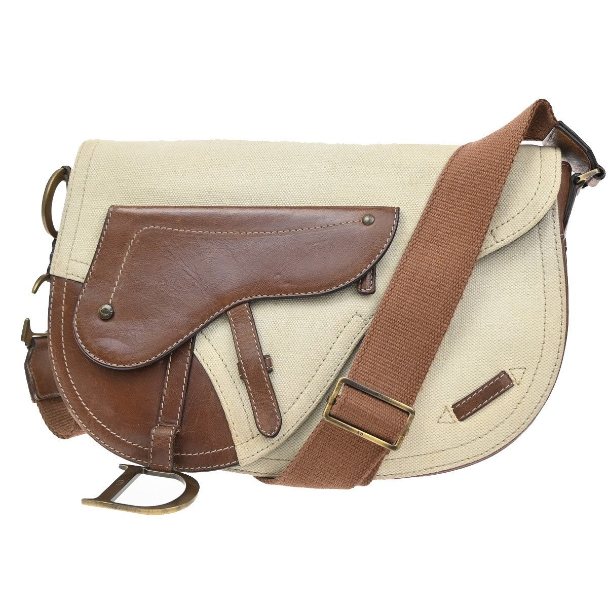 CHRISTIAN DIOR CD Logo Saddle Shoulder Bag Canvas Leather Beige GHW 50CA986