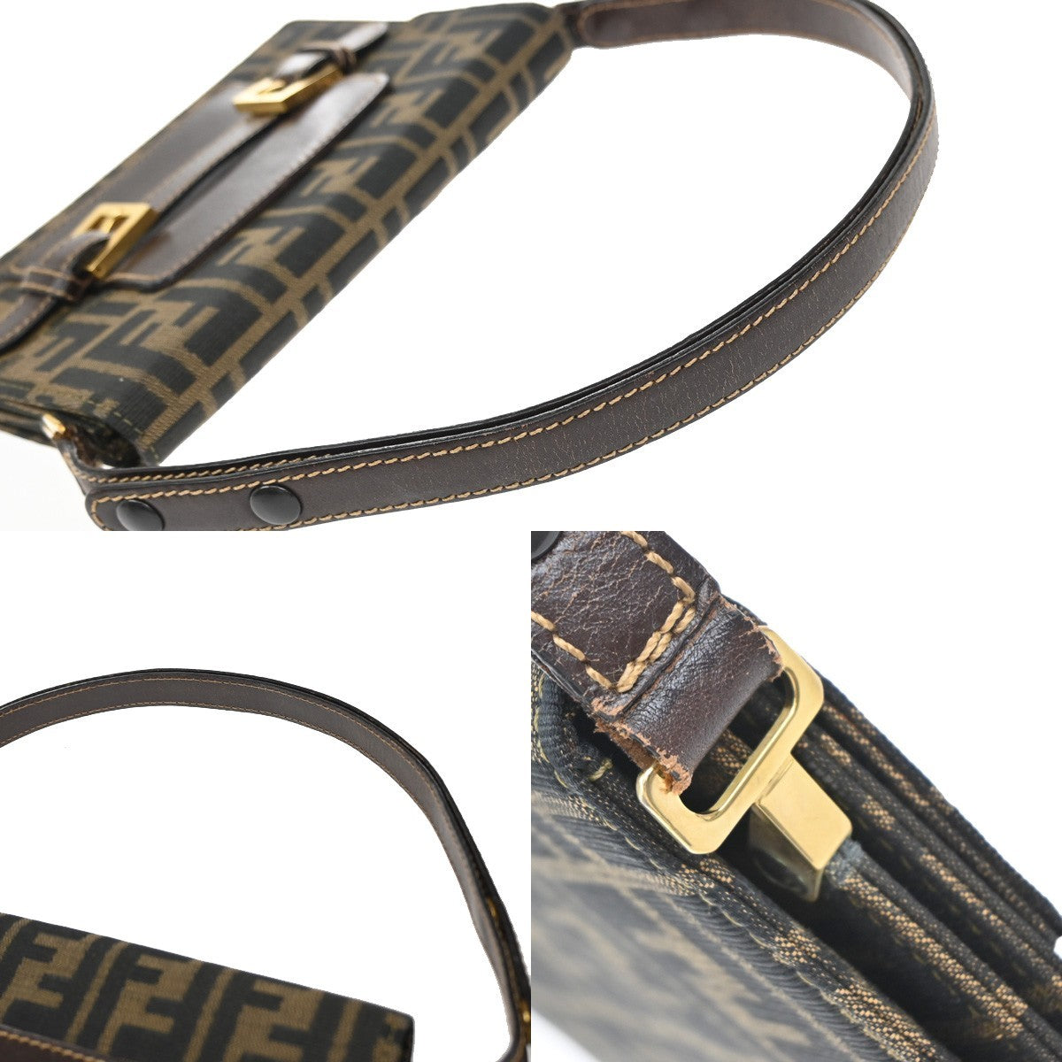 FENDI Logo Zucca Pattern Shoulder Bag Canvas Leather Brown GHW Italy 79KB388