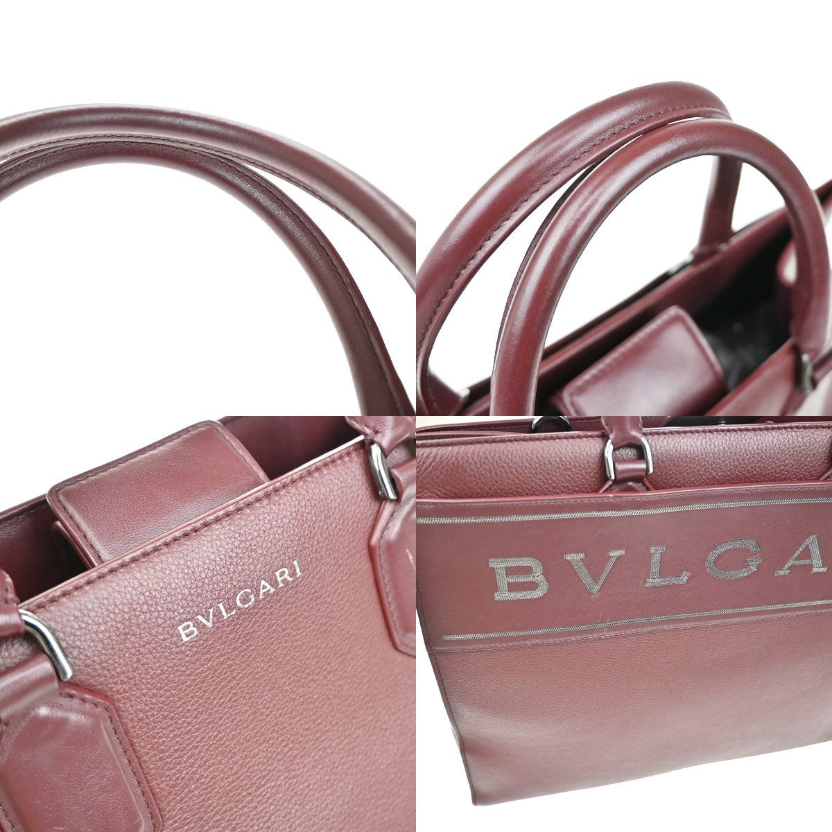 BVLGARI Logo Tote Hand Bag Leather Red Burgundy SHW Italy 98KB533