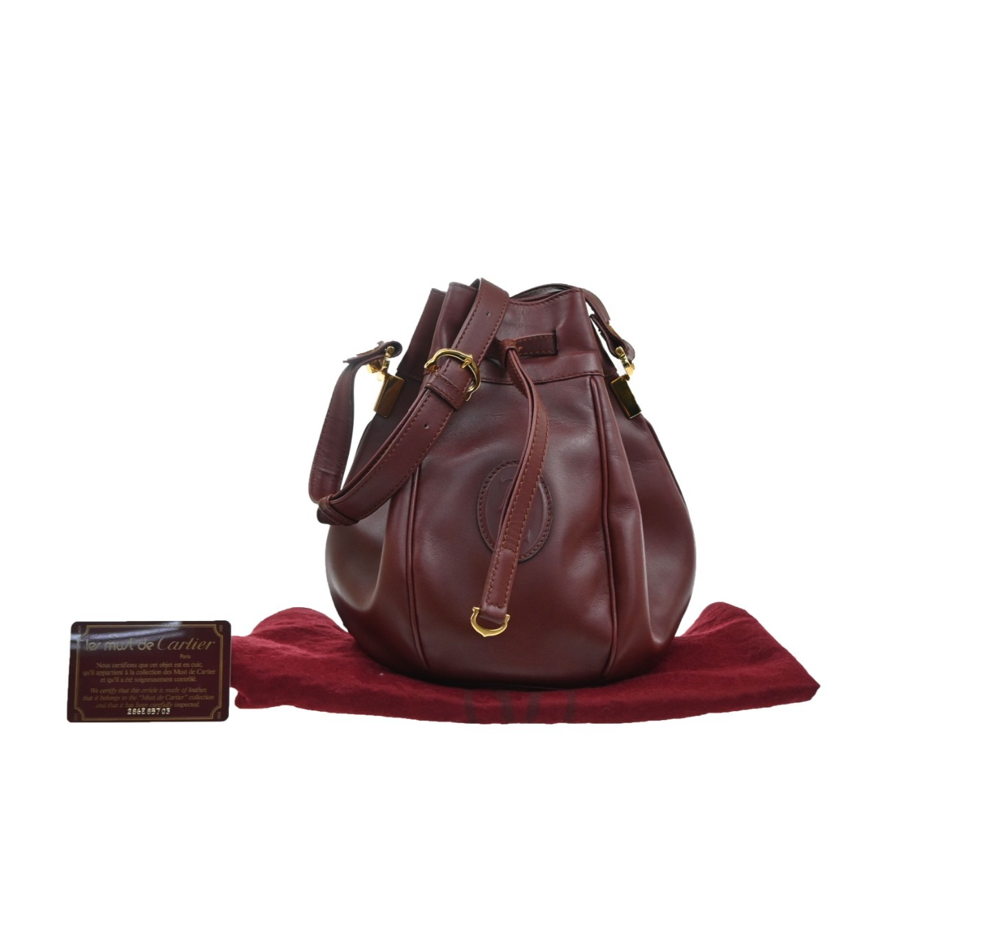 CARTIER Logo Must Line Drawstring Shoulder Bag Leather Red GHW Spain 34MA663