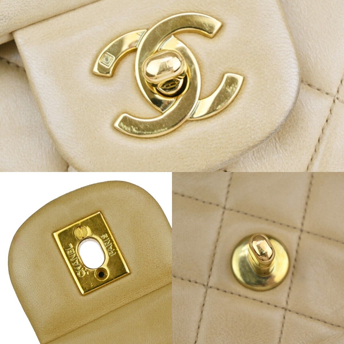 CHANEL CC Matelasse 25 Double Flap Chain Shoulder Bag Leather Beige GHW 381RJ843