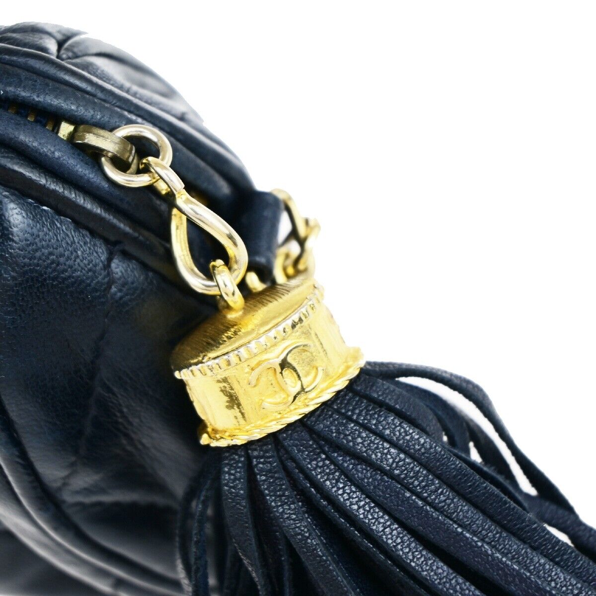 CHANEL Matelasse Tassel Chain Mini Shoulder Bag Leather Navy Vintage 660RK687