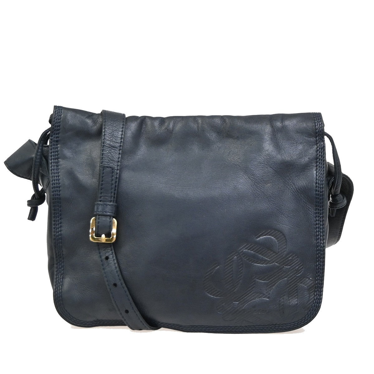 LOEWE LOGO Anagram Drawstring Shoulder Bag Nappa Leather Blue GHW Spain 83ZA266