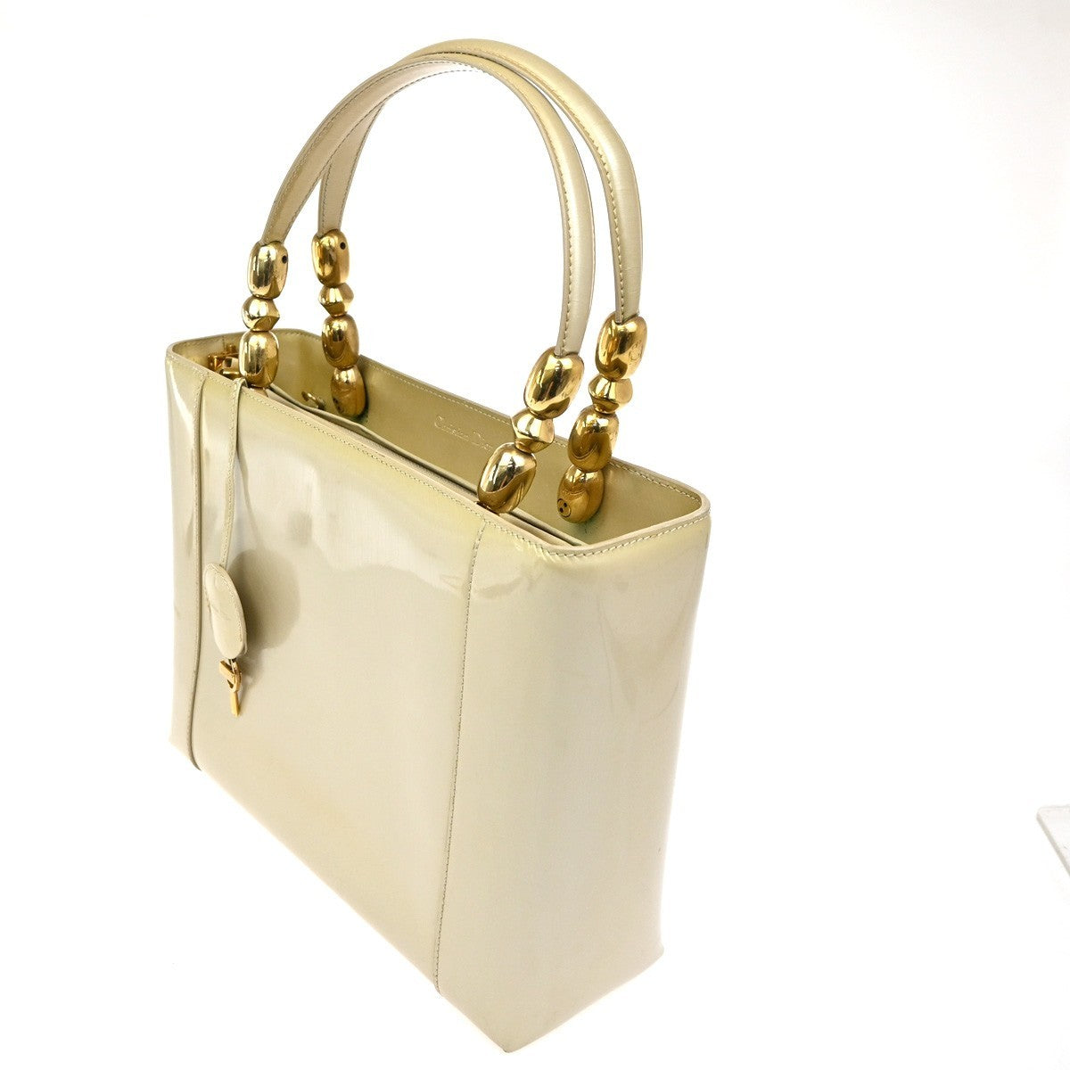 CHRISTIAN DIOR Malice Pearl 2Way Shoulder Bag Patent Leather Beige Italy 88KC463