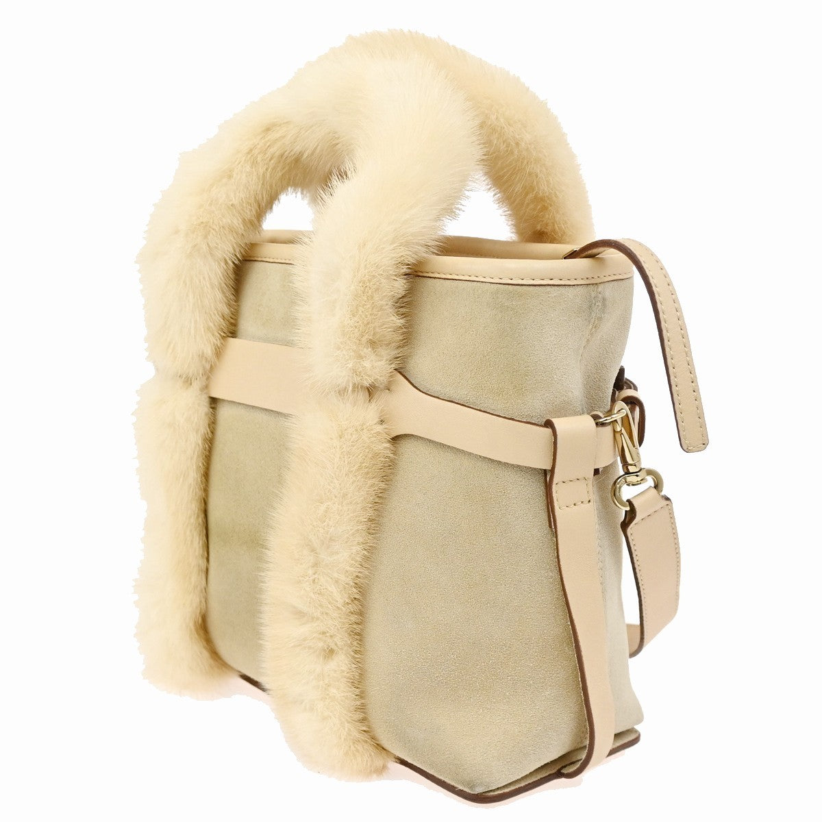 SALVATORE FERRAGAMO Logo Fur Gancini 2Way Hand Bag Suee Leather Beige 80YH842