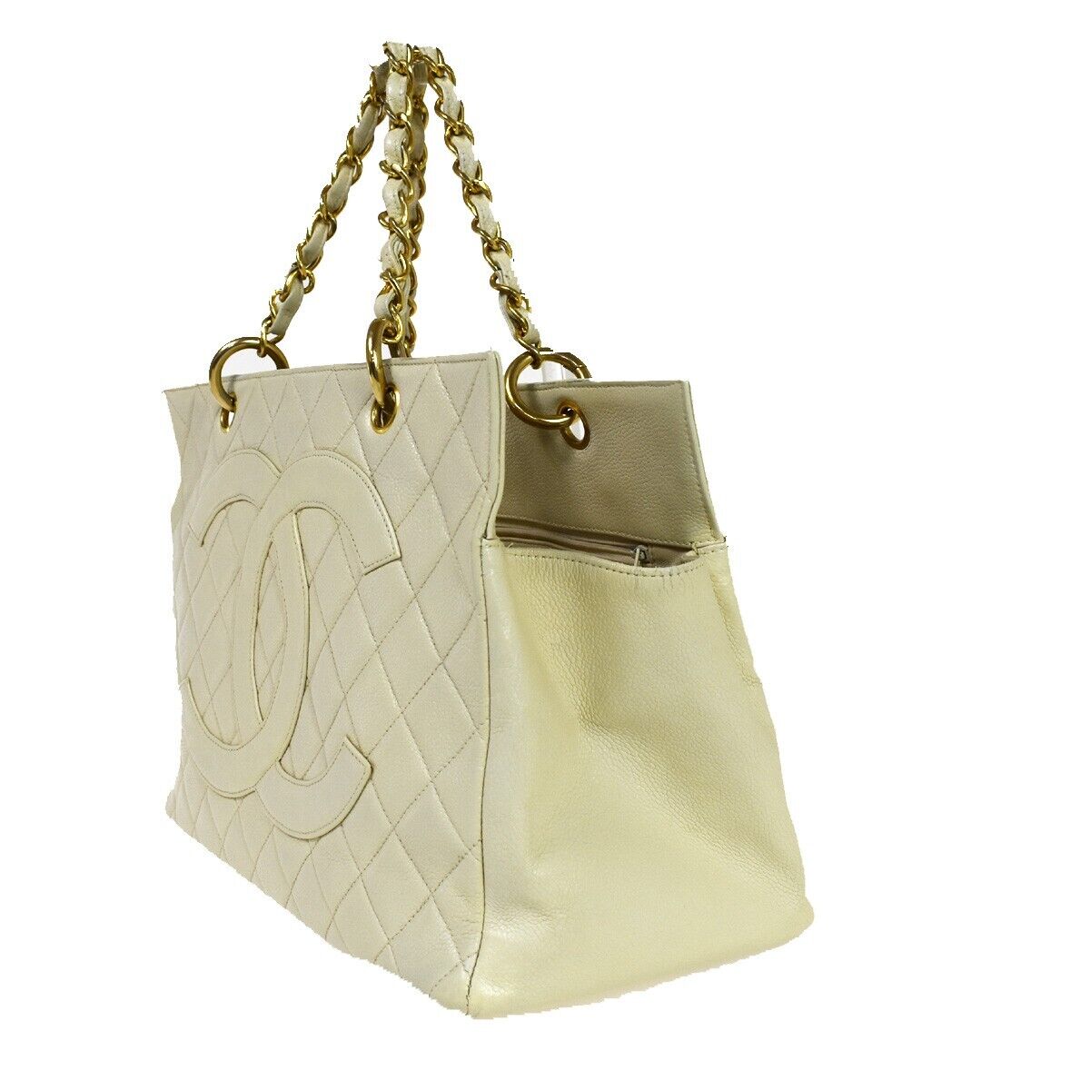 CHANEL CC Matelasse Chain Shoulder Tote Bag Caviar Leather Ivory GHW 49FA171