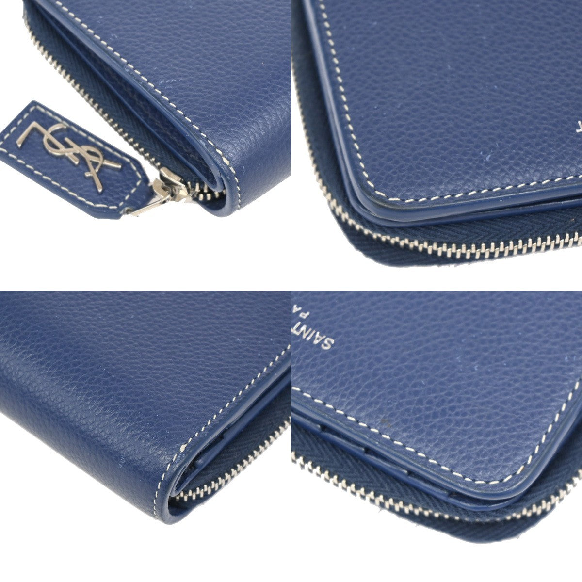 YVES SAINT LAURENT Zipper Around Compact Wallet  Leather Blue 65KB728