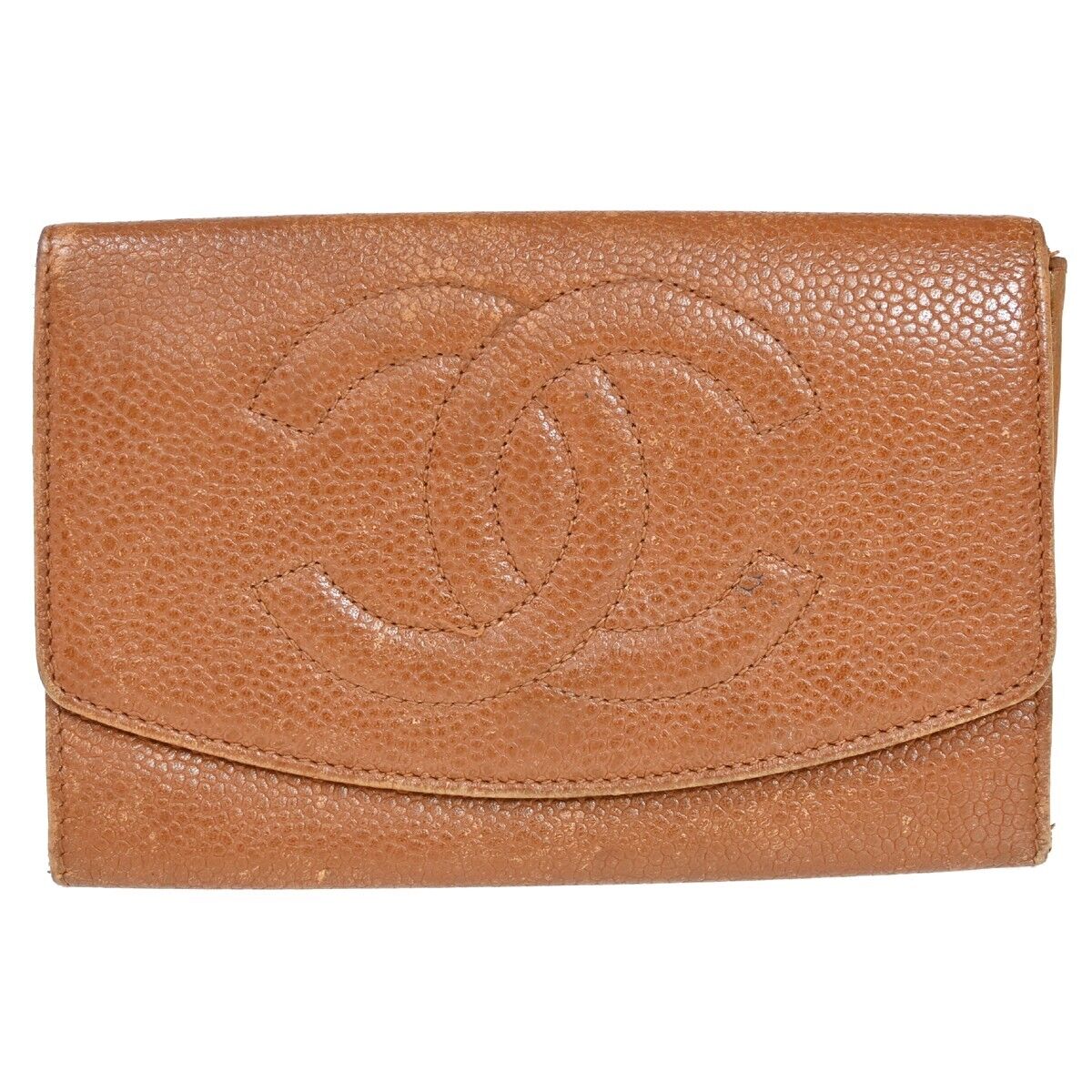 CHANEL CC Logo Bifold Wallet Purse Caviar Skin Leather Brown GHW France 02HB222