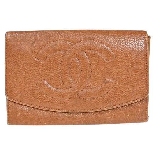 CHANEL CC Logo Bifold Wallet Purse Caviar Skin Leather Brown GHW France 02HB222