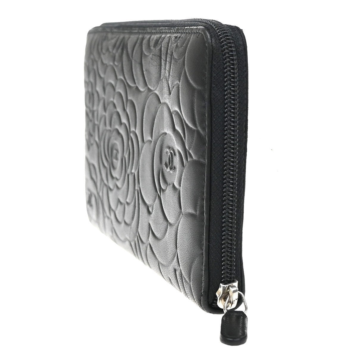 CHANEL CC Logo Camellia Long Zip Around Wallet Purse Leather Black SHW 85RQ019