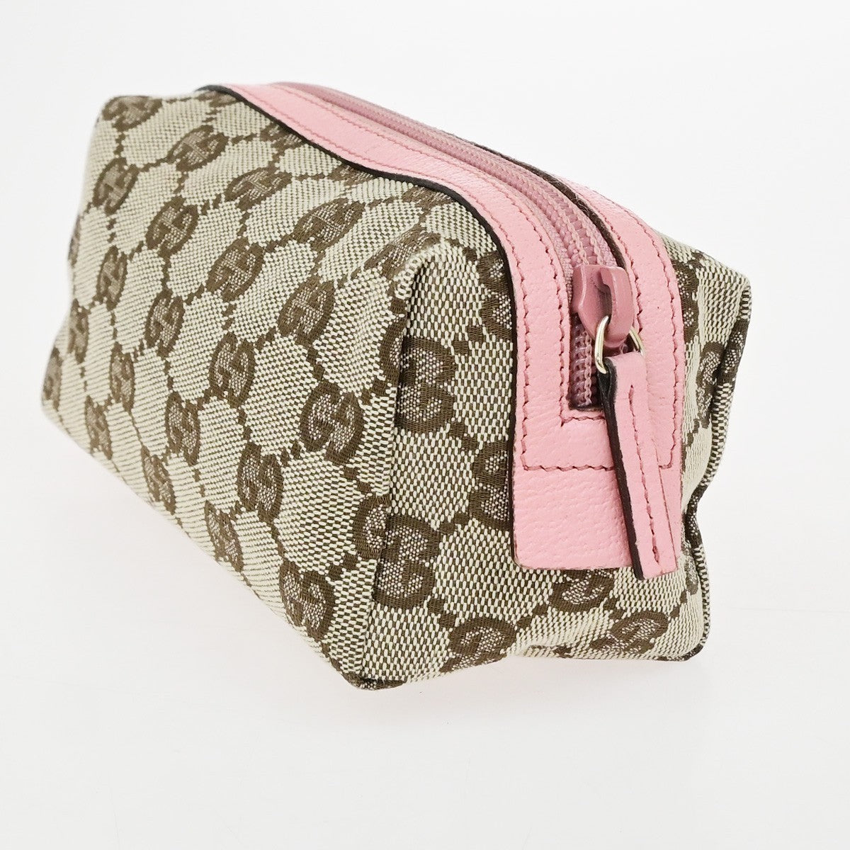 GUCCI Logo GG Pattern Cosmetic Pouch Canvas Leather Brown Pink GHW Italy 67YJ275
