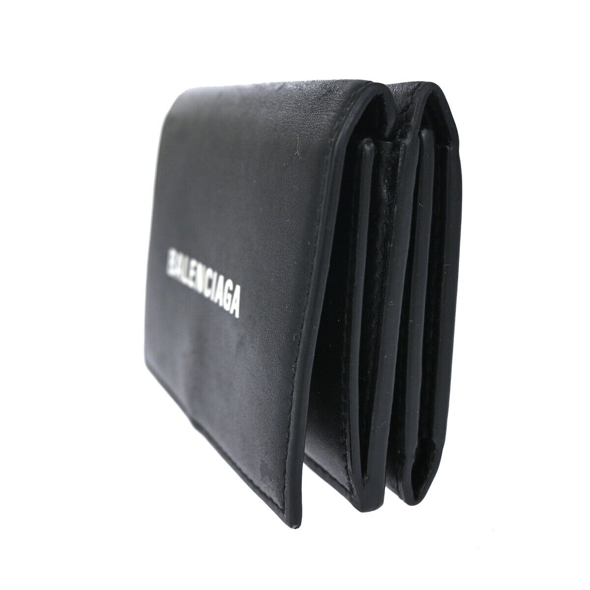 BALENCIAGA Logo Everyday Mini Trifold Wallet Purse Leather Black Italy 64EA106