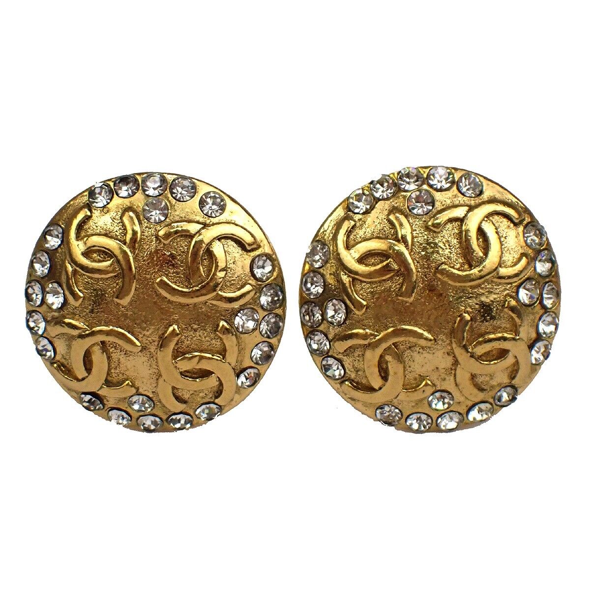 CHANEL CC Logo Round Button Earrings 23 Clip-On Rhinestone GHW Vintage 72GA289