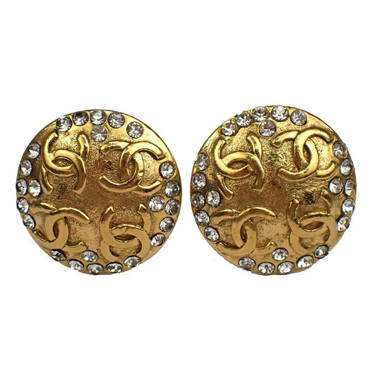 CHANEL CC Logo Round Button Earrings 23 Clip-On Rhinestone GHW Vintage 72GA289