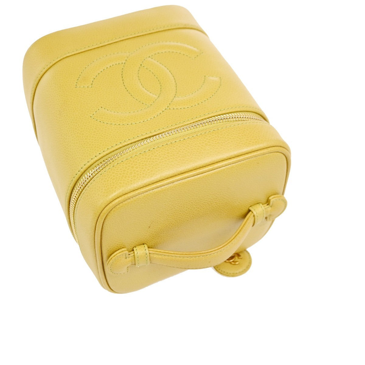 CHANEL Vanity Cosmetic Hand Bag Grained Calfskin Leather Yellow Vintage 664RQ061