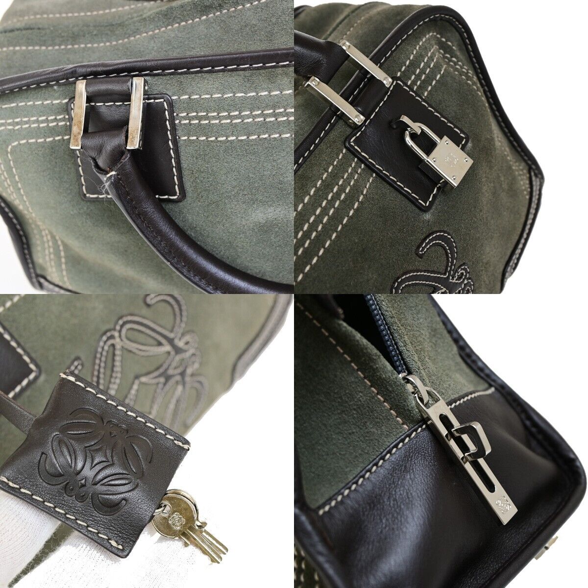 LOEWE Logo Anagram Amazona 28 Hand Bag Suede Leather Green Brown Spain 87FB191