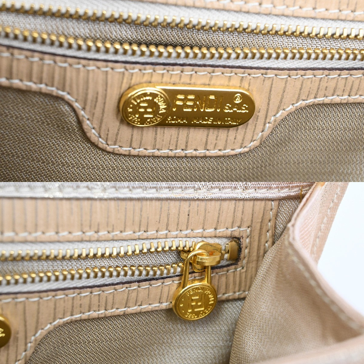 FENDI Logo Zucca Pattern Shoulder Bag Canvas Leather Gold Beige 87TA127
