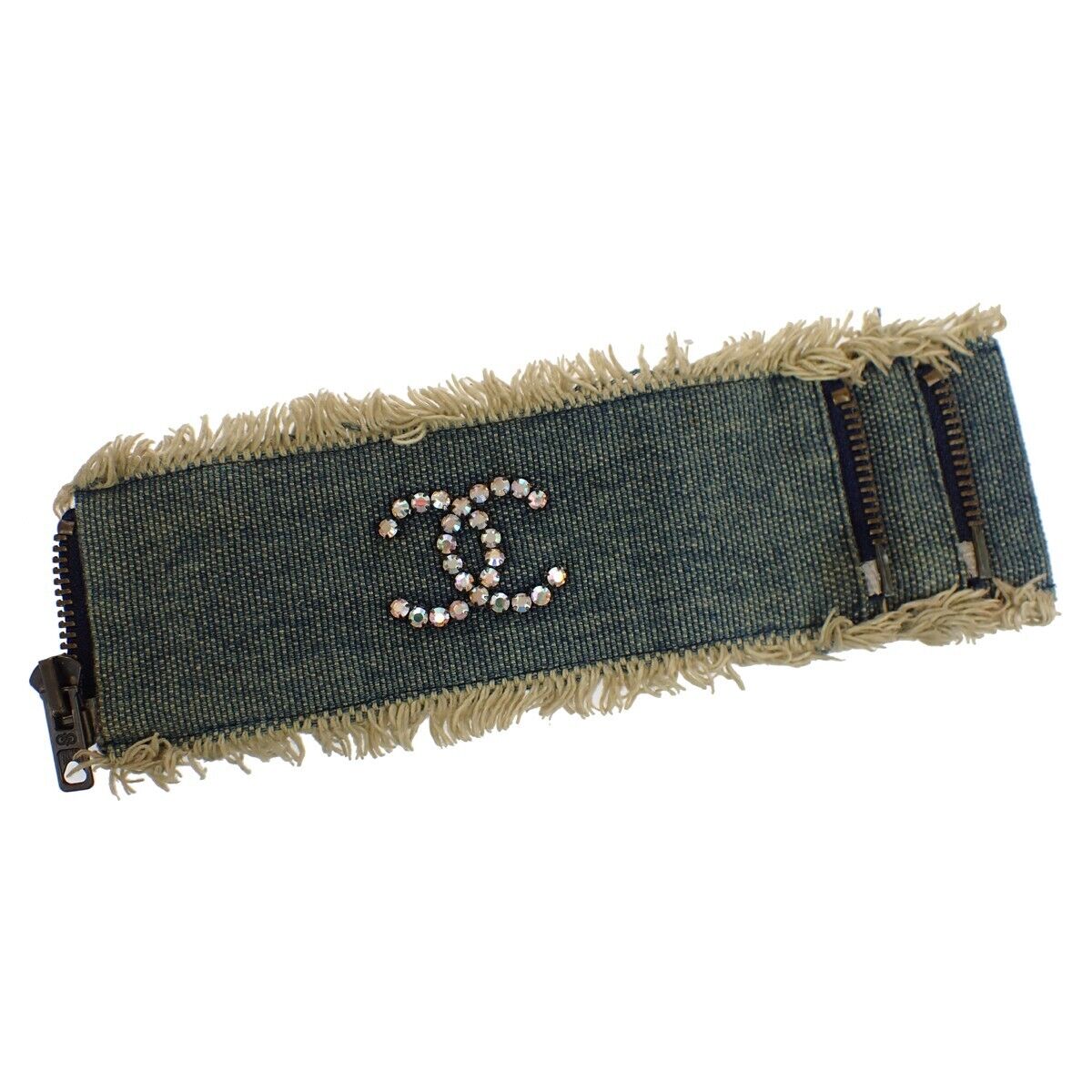 CHANEL CC Logo Wristband Bangle Bracelet 01P Denim Rhinestone France ACC 33RH467