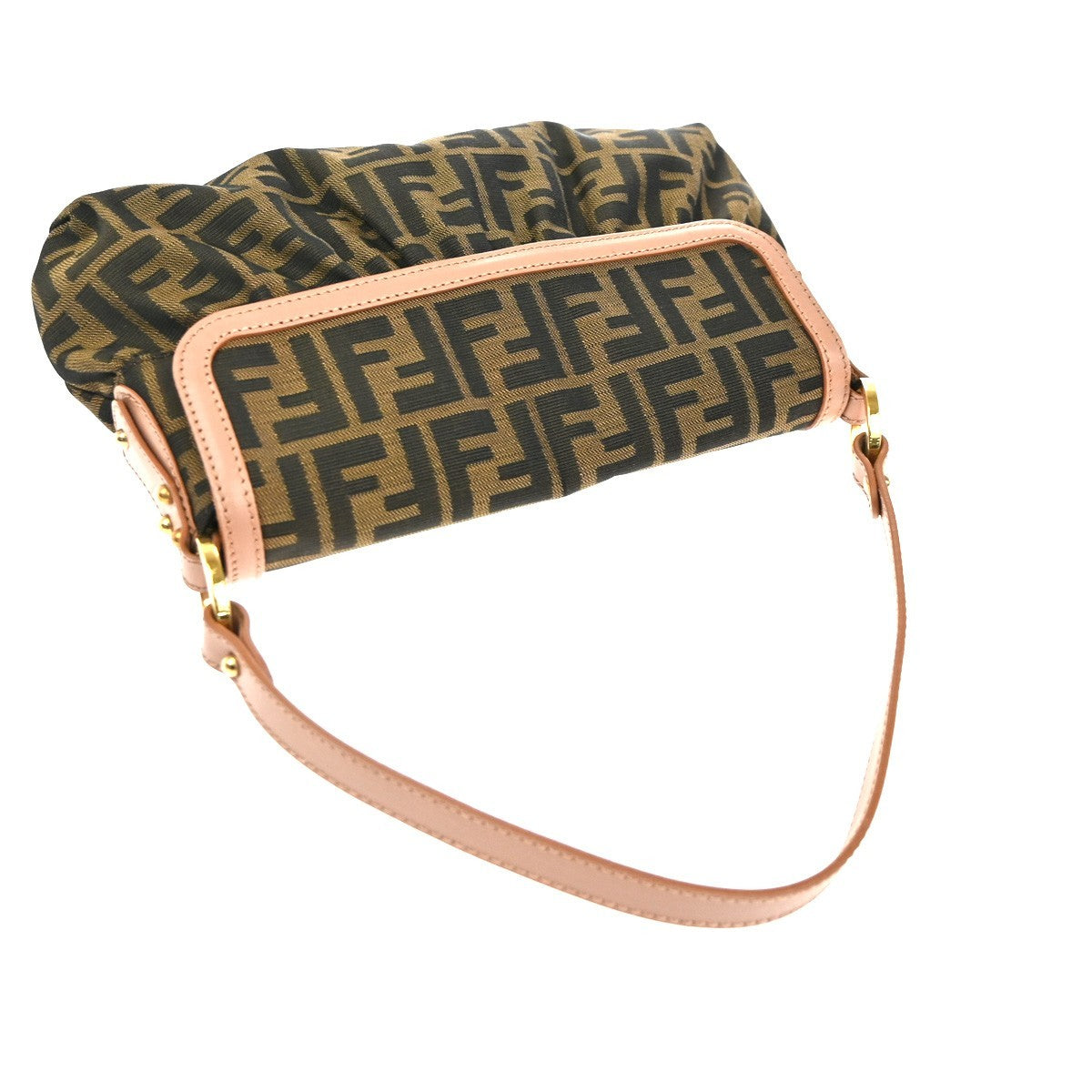 FENDI Logo Mamma Zucca Pattern Shoulder Bag Canvas Leather Brown Pink 46TA511
