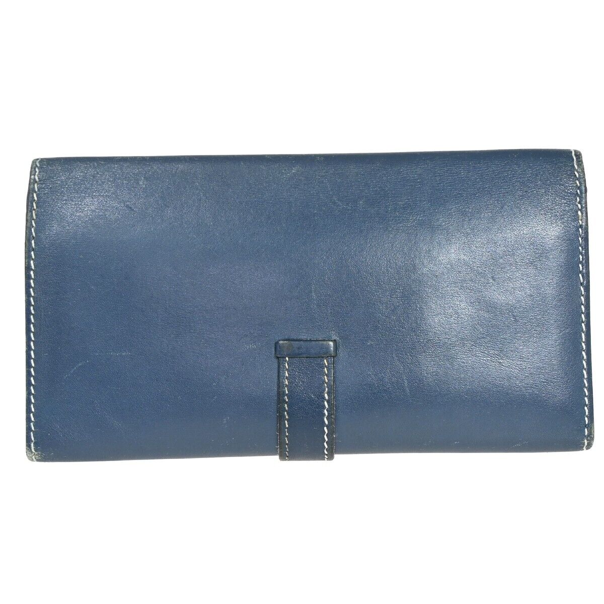 HERMES H Logo Bearn Long Trifold Wallet Purse ▢H Box Calf Leather Blue 82HB258