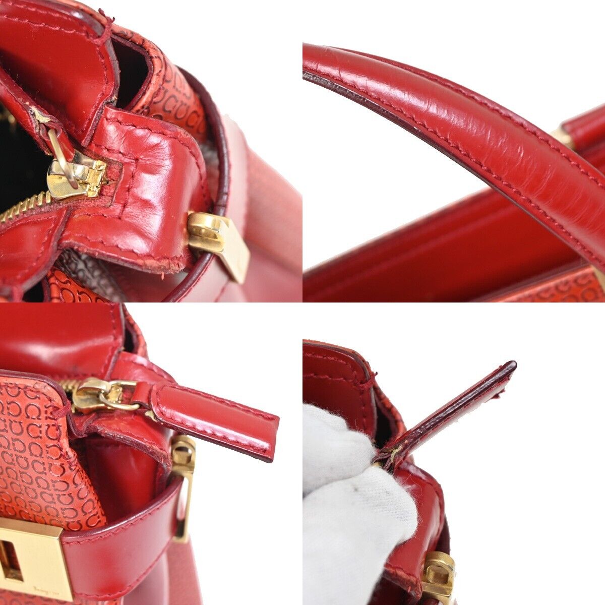 SALVATORE FERRAGAMO Logo Gancini Hand Bag Leather Red Gold Italy  66SH719
