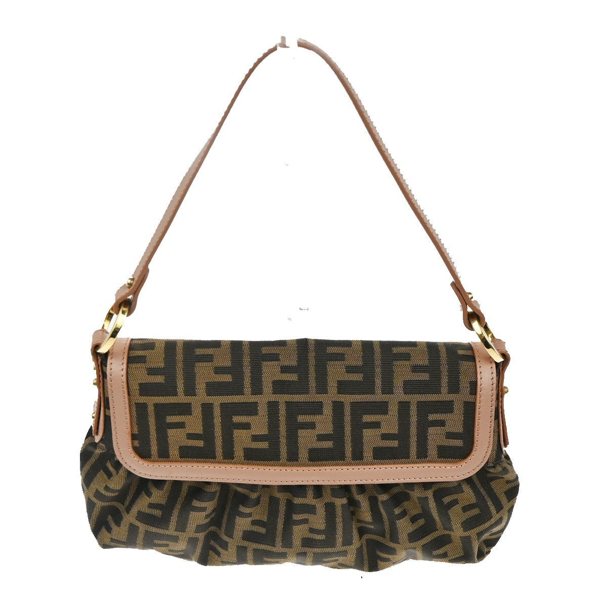 FENDI Logo Mamma Zucca Pattern Shoulder Bag Canvas Leather Brown Pink 46TA511