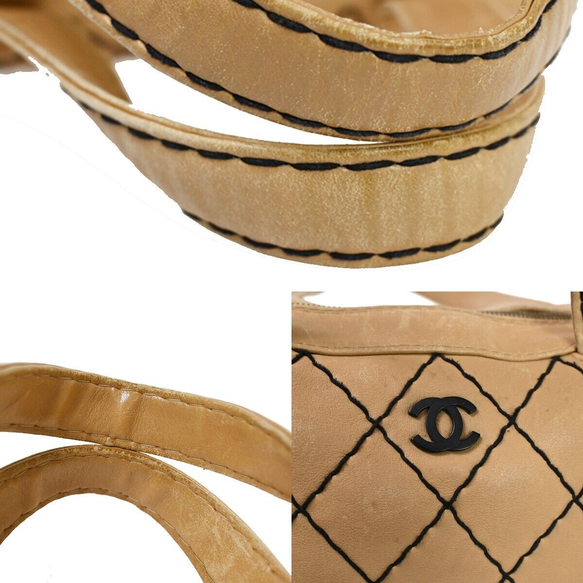 CHANEL CC Logo Wild Stitch Hand Tote Bag Leather Beige Black Italy 11SH052