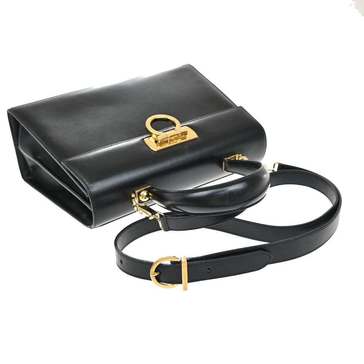 SALVATORE FERRAGAMO Logo Gancini Hand Bag Leather Black GHW Italy 84RF671