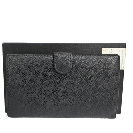 CHANEL CC Logo Long Bifold Wallet Purse Caviar Skin Leather Brown Spain 30YD900