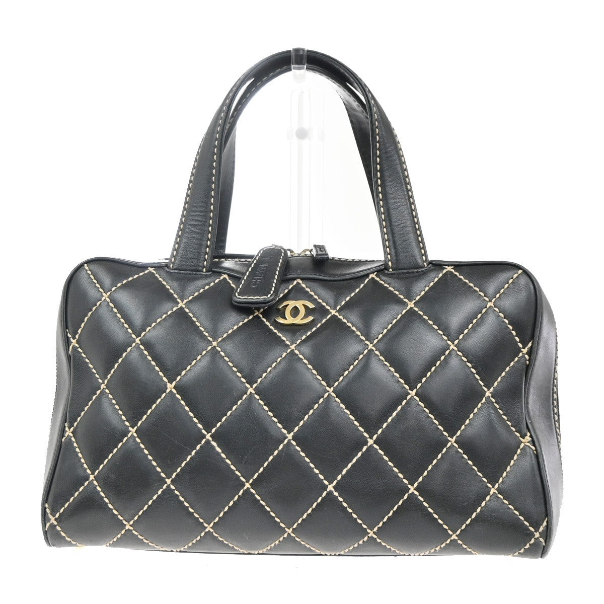 CHANEL CC Logo Wild Stitch Matelasse Hand Tote Bag Leather Black Italy 57RP095