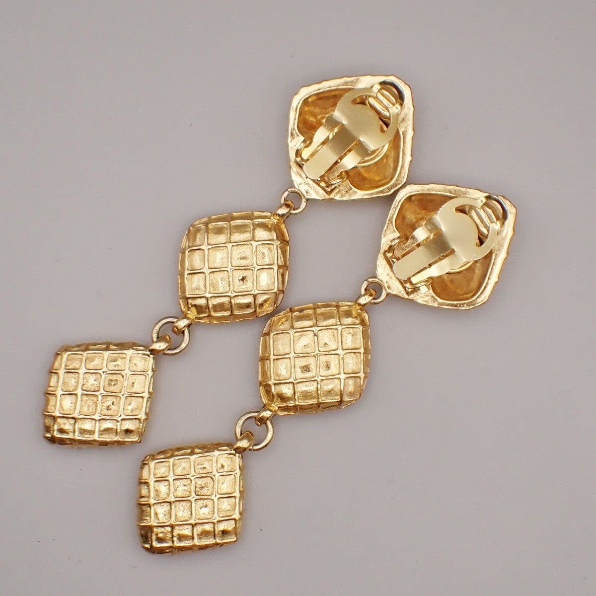 CHANEL Matelasse Diamond Shape Drop Earrings Rhinestone Clip-On Gold 73RL067
