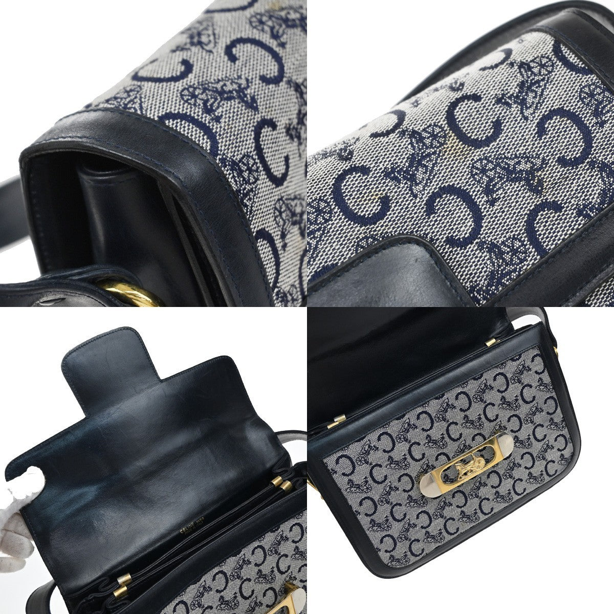 CELINE C Macadam Horse Carriage Shoulder Bag Canvas Leather Navy Blue 67EF889