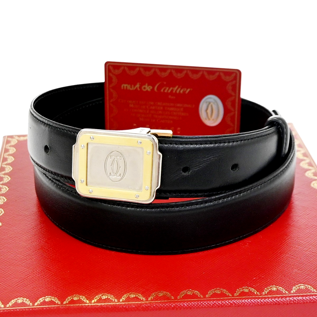 MUST DE CARTIER Logo Santos Waist Belt Leather Black GHW SHW France 66YH979
