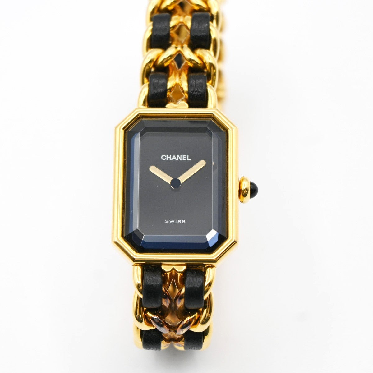 CHANEL Logo Premiere Watch M Size Quartz Gold Plated Leather Swiss Made 620LC637
