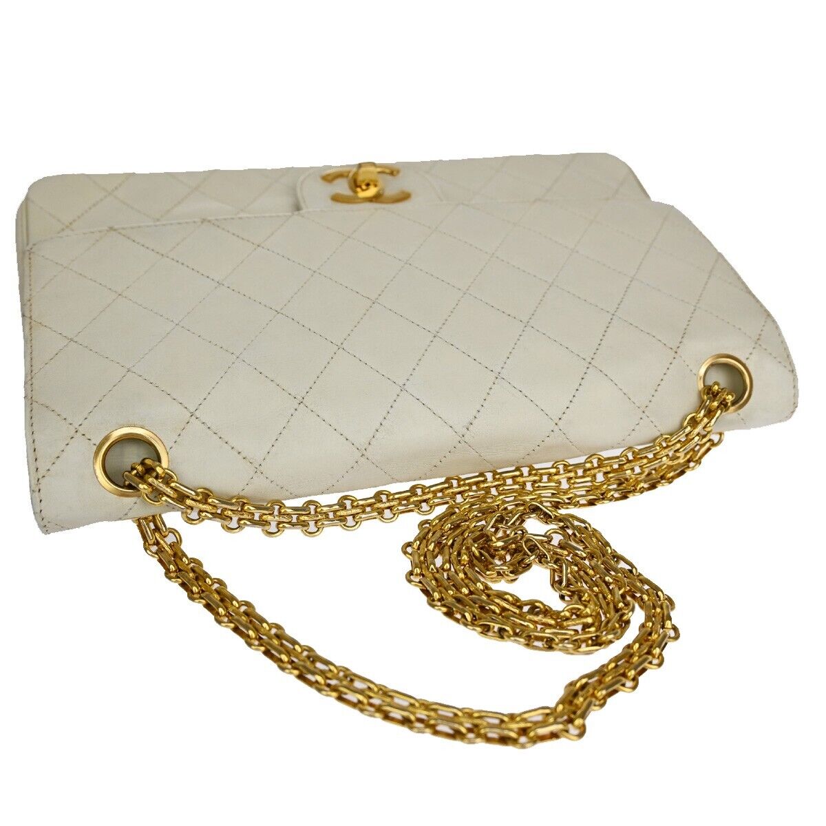 CHANEL CC Matelasse 25 Double Flap Chain Shoulder Bag Leather White GHW 636RJ391