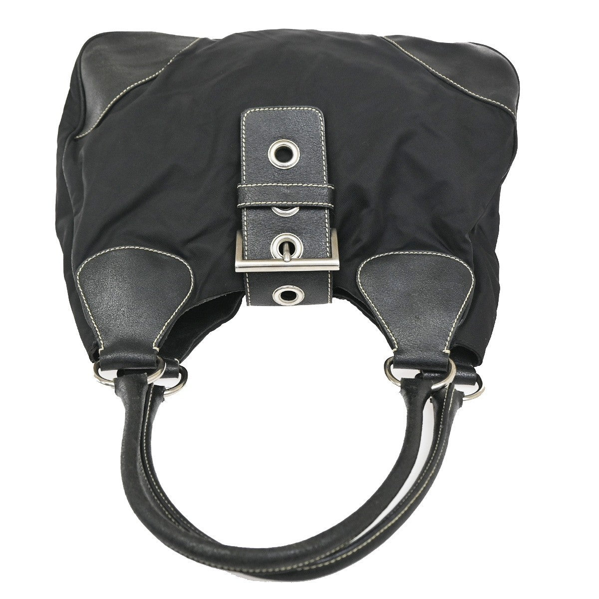 PRADA MILANO Logo Tessuto Shoulder Hobo Bag Nylon Leather Black 65KC491