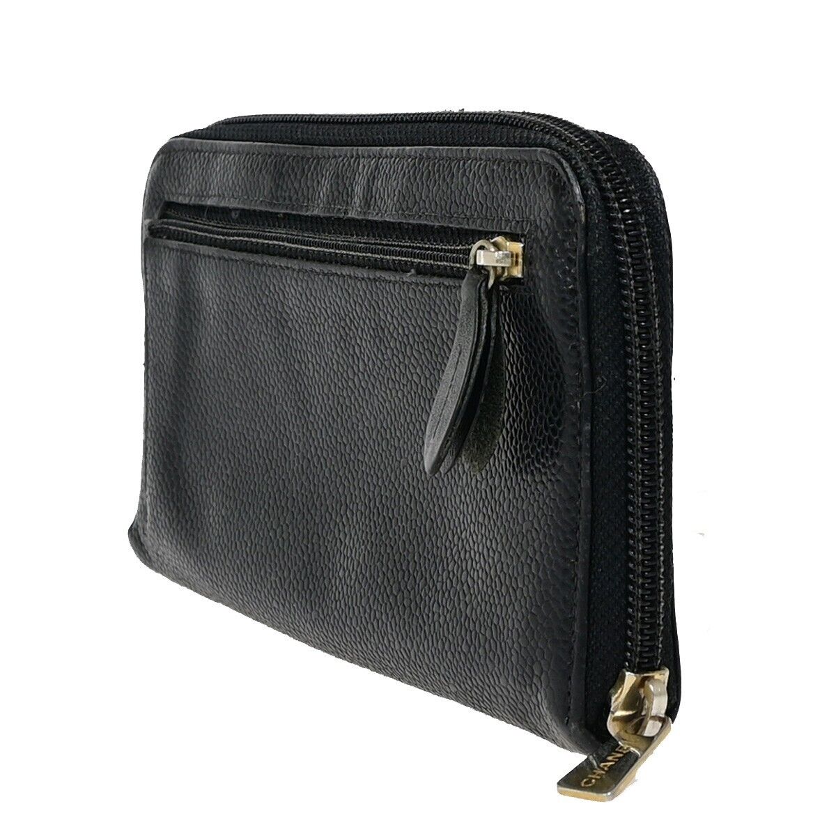 CHANEL CC Long Zip Around  Wallet Purse Caviar Skin Leather Black GHW 04FA616