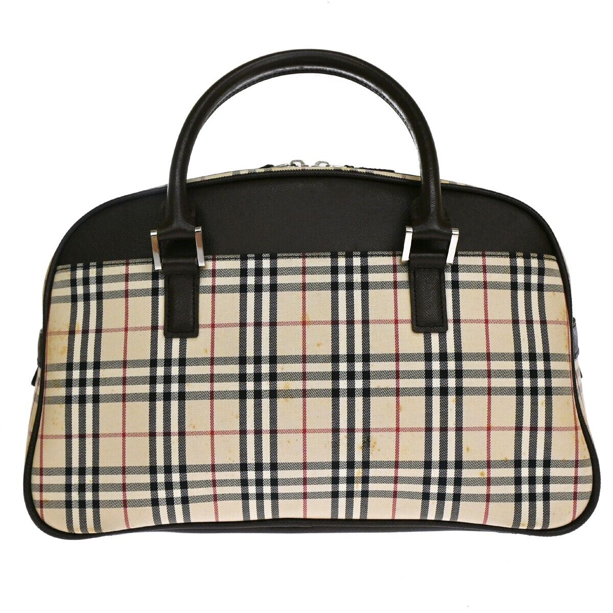 BURBERRY Logo Nova Check Hand Bag Canvas Leather Beige Brown Silver 63HB067
